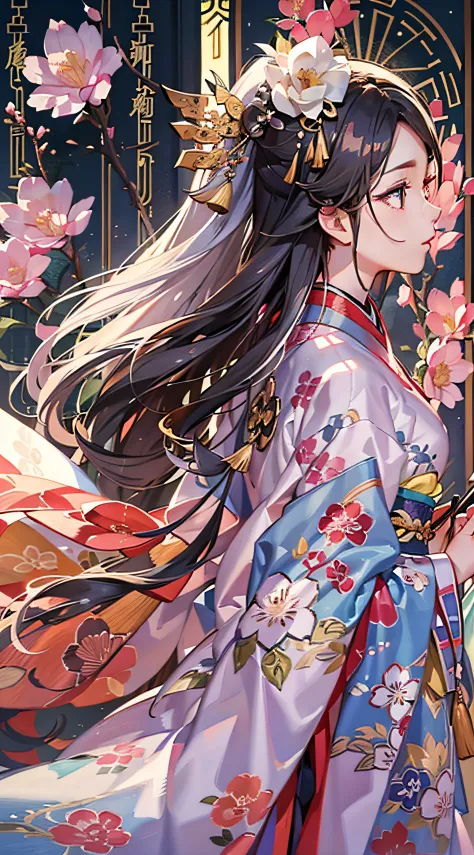 kimono girl，hanfu girl，back-to-back，(masterpiece:1.2), best quality, (illustration:1.2), (ultra-detailed), 超详细信息, (细腻细致), (intri...