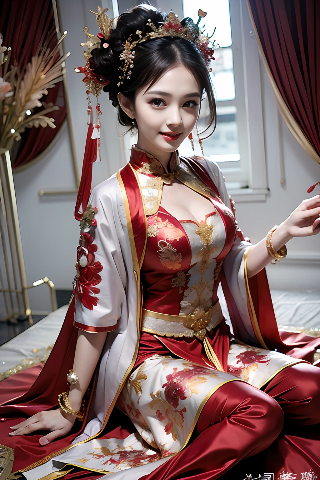 （Ultra-realistic 8K CG：1.2），Perfect artwork，delicate patterns，Complicated details，（Unbeatable masterpiece，Best quality at best：1.2），（extremly intricate：1.2），A woman in a red and gold dress，Phoenix crown，hair stick，（sitting on red bed），cosmetics，Be red in the face，is shy，black_Hair，looking-down，cosmetics，（forehead dot），（2 red candles），Chinese_clothes，窗帘，耳Nipple Ring，Hair_decorations，Hanfu，inside in room， jewely，rednails，Long_Sleeves，reddress，Redlip，nipple tassels，（Red quilt），（red palace：1.2），（Chinese Ancient Architecture），（rot：1.8），natta，perfect hand