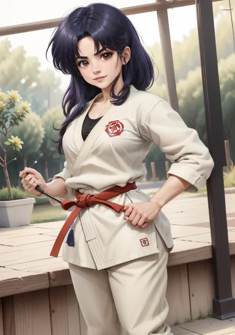 (Akanetendowaifu: 1), lindo, rostro enfadado, (uniforme karate corto: 1.2), pose dinamica,decidido, cabello corto, cabello largo...