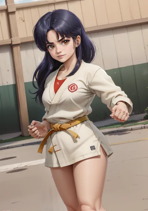 (Akanetendowaifu: 1), lindo, rostro enfadado, (uniforme karate corto: 1.2), pose dinamica,decidido, cabello corto, cabello largo...