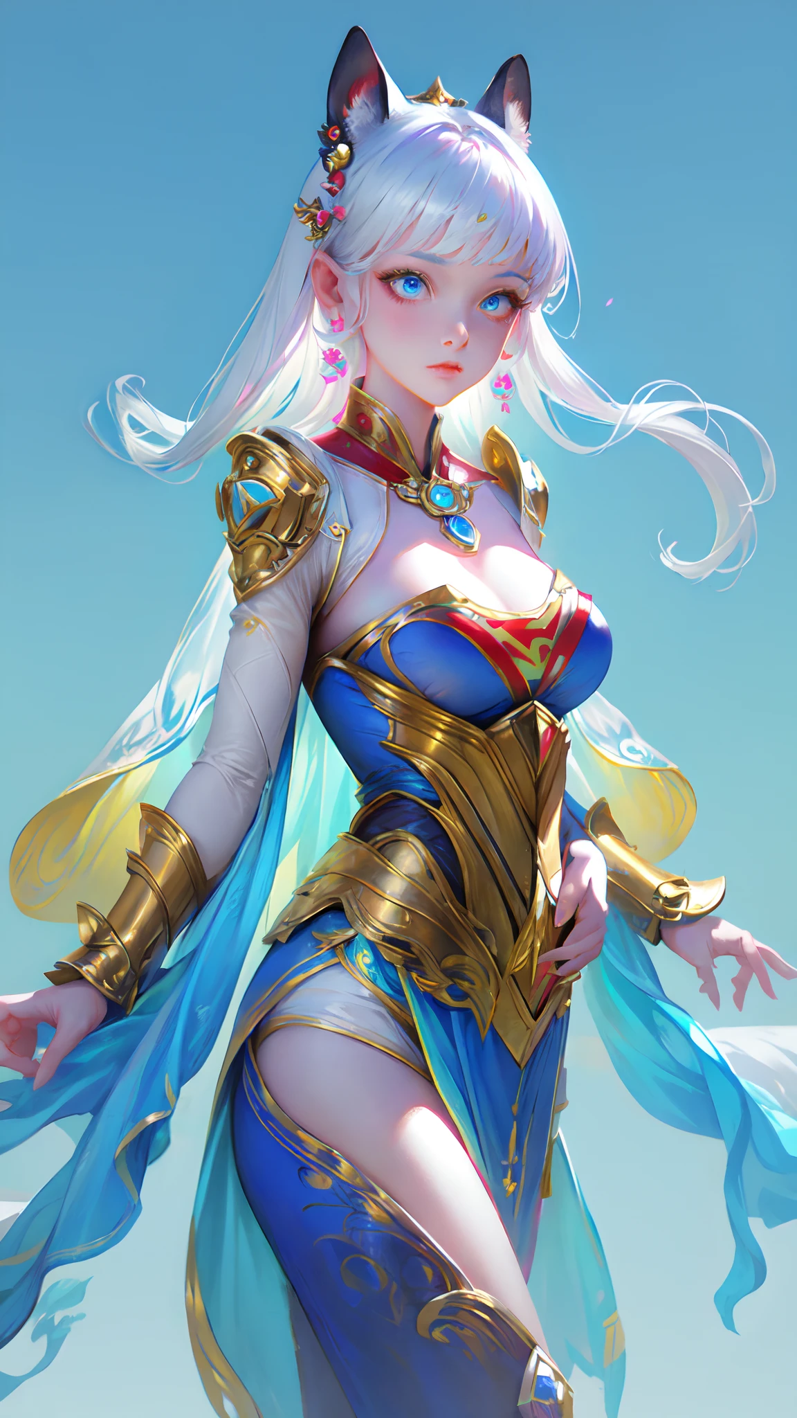 Game character, East Asian original art character design, 1girll, Solo,[:(Gradient background:1.5):40],full bodyesbian, Big breasts, Supergirl costume dress