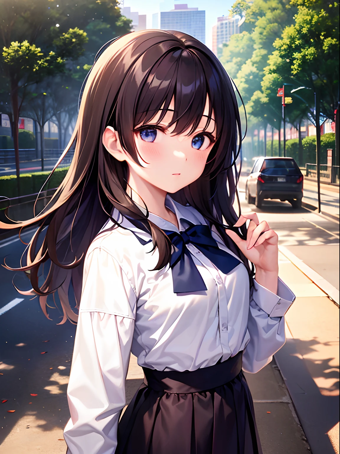 1girl in, solo, student clothes, long-sleeve, A darK-haired,Let your hair down,,Pure,Big eyes,skirt grey, red blush, (absurderes), (Hi-Res), looking at the viewers, Walking in the park, (Ultra detailed CG unified 8k wallpaper,​masterpiece, Top image quality, Ultra-detail)