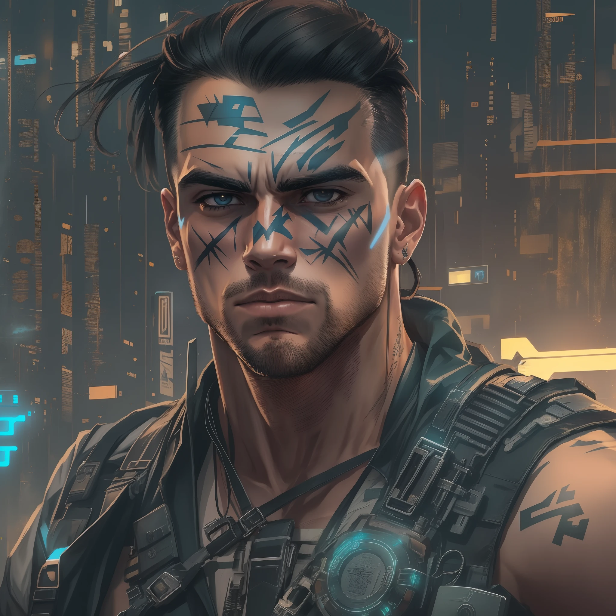 ein junger Mann, Meisterwerk, beste Qualität, Bolsonaro, In a cyberpunk costume, sportlich, Narben, Krieger, Barbar, sfw, 15 Jahre, futuristische Dystopie