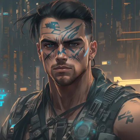 A young man, Masterpiece, Best Quality, Bolsonaro, In a cyberpunk costume, athletic, Scars, warrior, barbarian, SFW, 15 years, F...