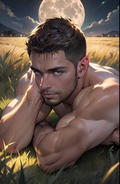 Draw a mature daddy, Chris Redfield, hands on the ground, 50-year-old, naked on the steppe at night, completely naked, lying dow...