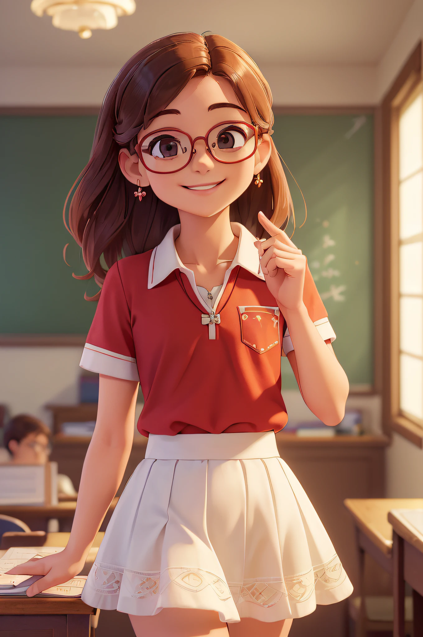 (A small chest:1.3),(Masterpiece, Best quality:1.4), (Beautiful, Aesthetic, Perfect, Delicate, Intricate:1.2),((Best quality)), ((Masterpiece)), (Detailed),(A high resolution:1.2), Classroom, An adult female, Smiling Claudia Chever, Red shirt, White skirt, Glasses, Bend over, angle of view,