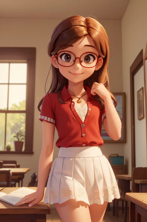 (A small chest:1.3),(Masterpiece, Best quality:1.4), (Beautiful, Aesthetic, Perfect, Delicate, Intricate:1.2),((Best quality)), ((Masterpiece)), (Detailed),(A high resolution:1.2), Classroom, An adult female, Smiling Claudia Chever, Red shirt, White skirt, Glasses, Bend over, angle of view,