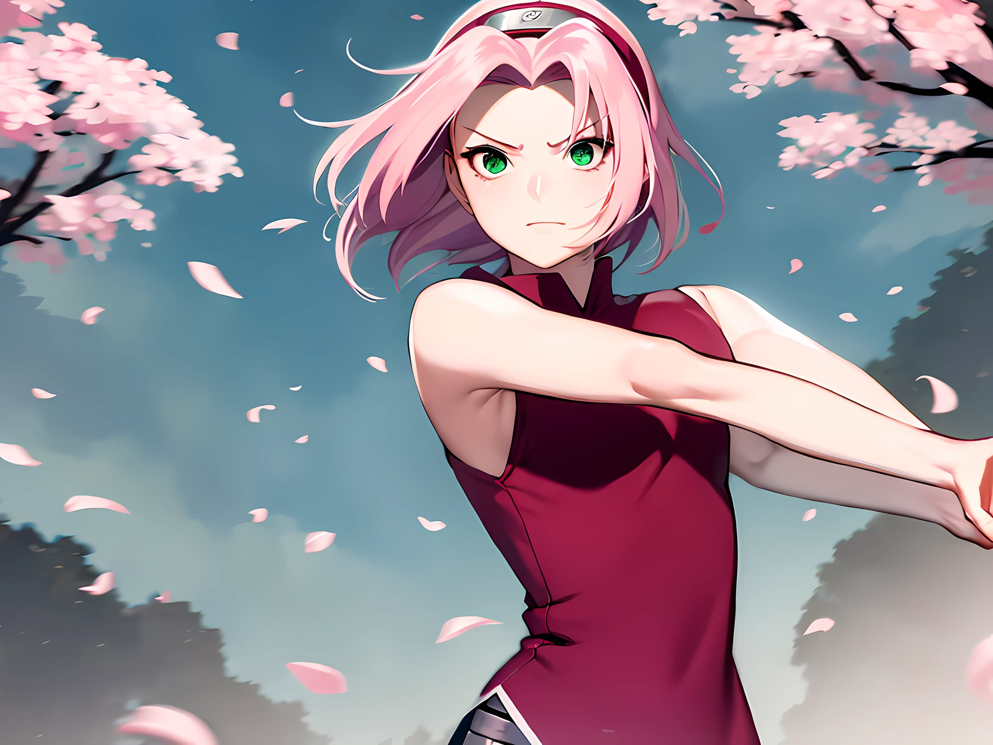 haruno sakura, naruto \(series\), naruto shippuuden, anime art style, masterpiece, 

looking at viewer, upper body, 

fighting pose, clenched hands, closed hands, contracted fingers, arm stretched out, raised fist, about to punch, detailed fist,  focus fist,

red shirt, shirt, short hair, sleeveless, sleeveless shirt, forehead protector, hairband, konohagakure symbol on hairband, 

1girl, solo, bangs, breasts, closed mouth, elbow sleeve, eyes visible through hair, floating hair, foreshortening, green eyes, hair intakes, parted bangs, pink hair, small breasts, v-shaped eyebrows, detailed background, outdoor, cherry blossoms, sky, cloud, wind, day, sunlight,