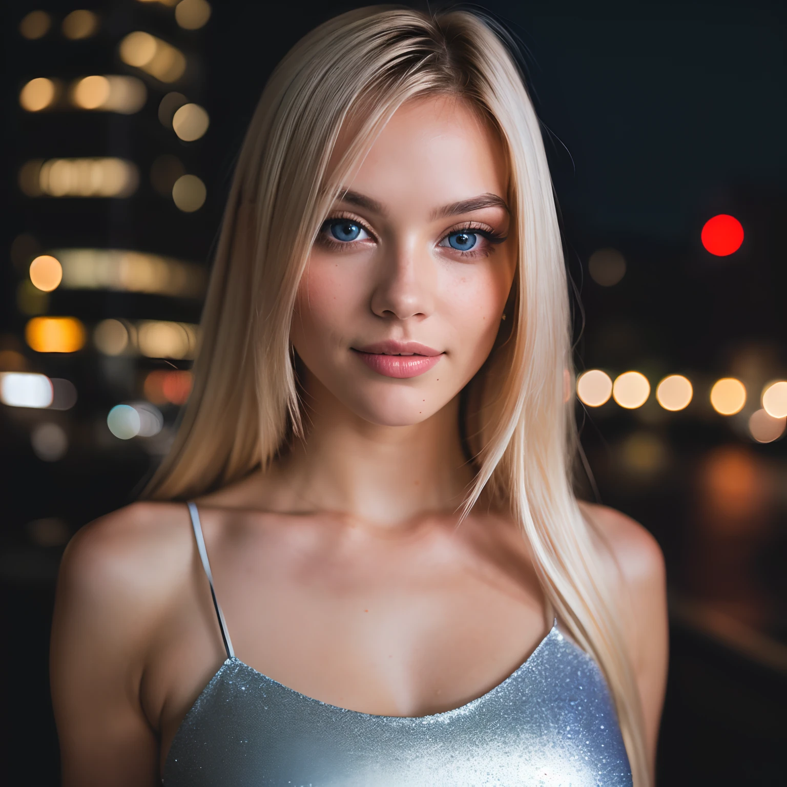 (selfie, top view: 1.4), (straight half of the body: 1.4), RAW UHD portrait photo of a 24-year-old blonde (blue-eyed woman) walking down a disco large breasts,, city at night, (skirt), (neckline), details (textures! , hair! , glitter, color!! , disadvantages: 1.1), glossy eyes with high detail (looking at the camera), SLR lighting, SLR camera, ultra-quality, sharpness, depth of field, film grain (center), Fujifilm XT3, crystal clear, frame center, beautiful face, sharp focus, street lamp, neon lighting, bokeh (dimly lit), night, (night sky), detailed skin pores, oily skin, sunburn, complex eye details, full body, large breasts