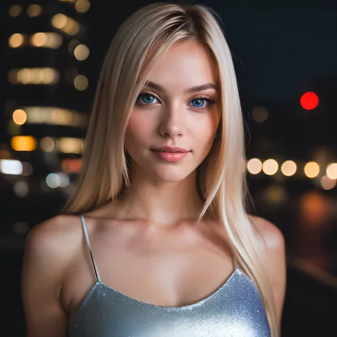 (selfie, top view: 1.4), (straight half of the body: 1.4), RAW UHD portrait photo of a 24-year-old blonde (blue-eyed woman) walking down a disco large breasts,, city at night, (skirt), (neckline), details (textures! , hair! , glitter, color!! , disadvantag...