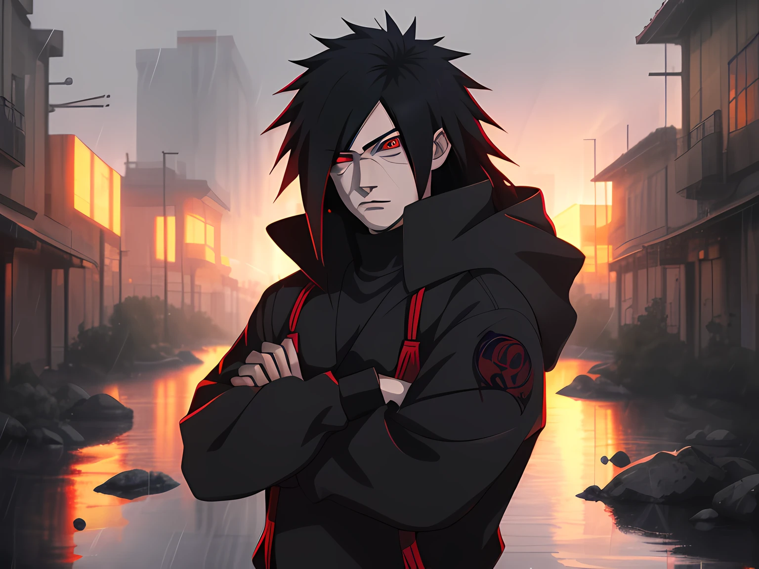 kk, Best quality, More details, Masterpiece, 1boy, madara uchiha, Portrait, Male focus, Red eyes, Solo, rim, view the viewer, Long hair, rain, Naruto \(City\), Hood, nail polish, Black hair, Luxurious, 8K, Detailed, Ray tracing, Depth of field, Cinematic lighting, Male