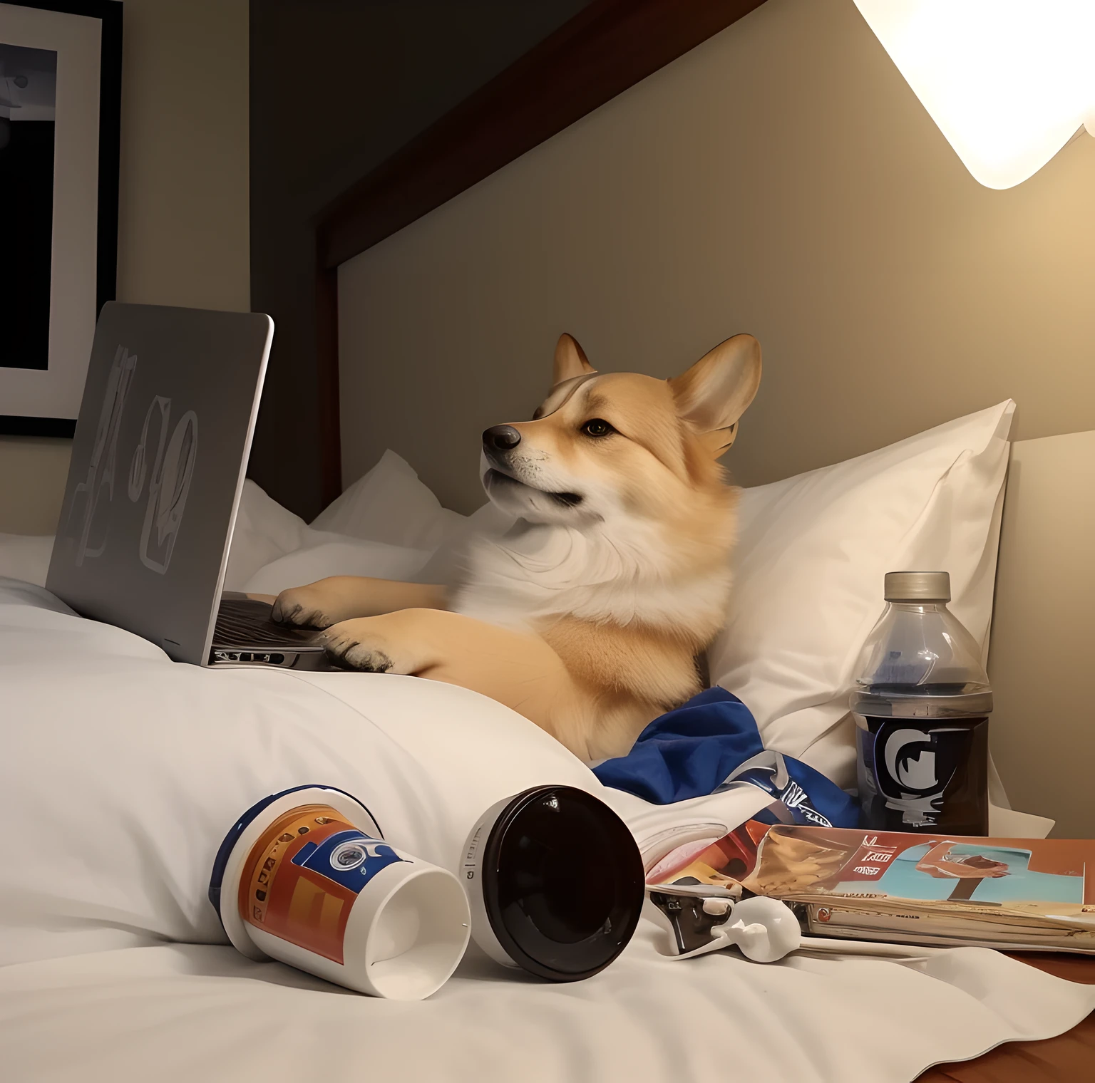 Perro arafed acostado en una cama con una computadora portátil y una  botella de agua. - SeaArt AI