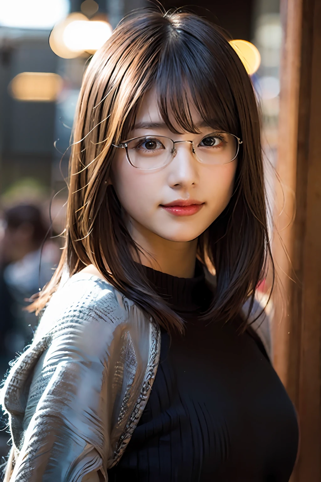 (8K、Raw photography、top-quality、​masterpiece:1.2)、(realisitic、Photorealsitic:1.37)、ultra-detailliert、超A high resolution、女の子1人、see the beholder、beautifull detailed face、A smile、Constriction、(Slim waist) :1.3)、Autumn clothes、Beautiful detailed skin、Skin Texture、Floating hair、Professional Lighting、Osaka、Black-rimmed square glasses、Whole human body、Brown hair