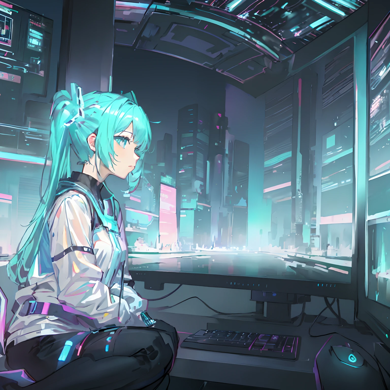 Miku Hatsune, sitting in front of a computer monitor on a neon background, cyberpunk anime art.