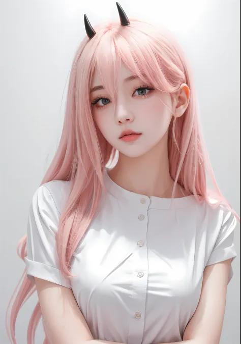 anime girl with pink hair and horns in white shirt, guweiz on pixiv artstation, cute anime girl portraits, extremely cute anime girl face, trending on artstation pixiv, realistic anime style at pixiv, guweiz on artstation pixiv, realistic young anime girl,...