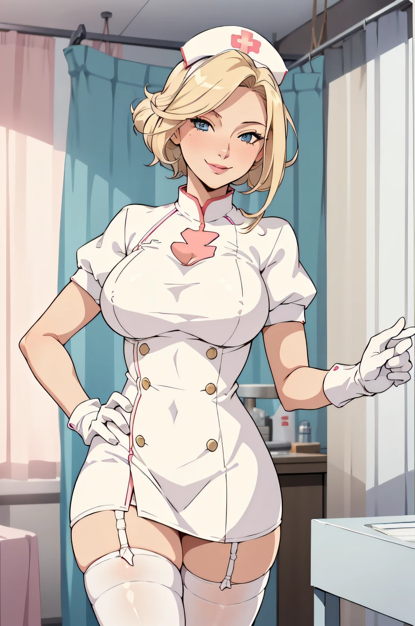 1womanl, Nurse, Nurse Cap, Whiteware, ((White legwear, zettai ryouiki)), White Gloves, Blonde hair, Blue eyes, pink lipsticks, Smile, Standing, sharp outline, Short sleeves, a matural female, 35 year old, Best Quality, masutepiece, infirmary