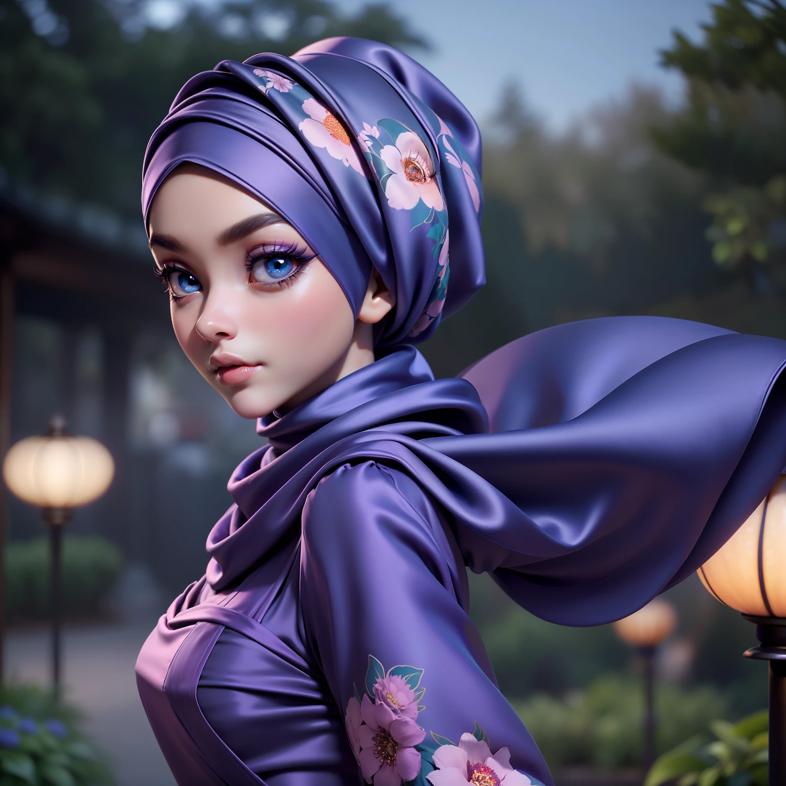 3dmm style, ((Masterpiece, best quality, photography, detailed skin, realistic, photo-realistic, 3D Character Design, pixar, real cartoon, 8k, highly detailed, full length frame, High detail RAW color art, diffused soft lighting, shallow depth of field, sharp focus, hyperrealism, cinematic lighting, ((close up)) hijab, a woman in a beautifully makeup, purple eyeshadow, brown beautiful big eyes, long eye lashes, wearing ((blue satin headscarf), loosely tide hijab style), (gray satin pario dress), walking in the middle of floral garden in Kyoto Japan