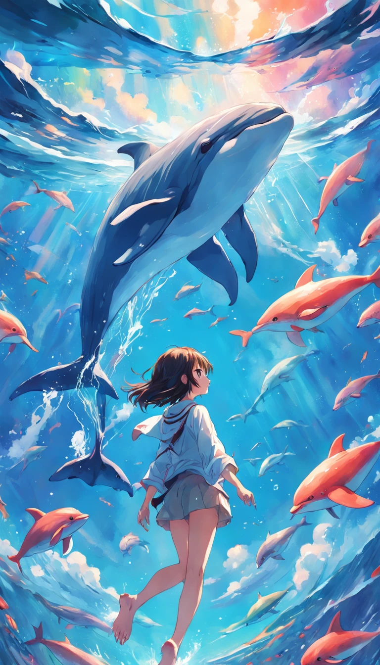 Drawing of dolphins swimming in colorful sea, Look up at the composition,  Live water and whales from the sky, inspired by Cyril Rolando, dreamy  psychedelic anime - SeaArt AI