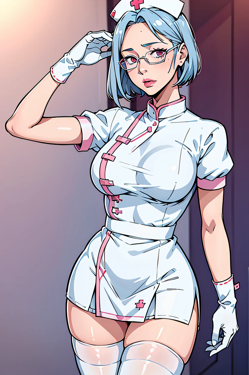 1womanl, Nurse, Nurse Cap, Whiteware, ((White legwear, zettai ryouiki)), White Gloves, eye glasses, blue hairs, pink lipsticks, Standing, hospitals, sharp outline, Short sleeves, a matural female, 35 year old, Best Quality, masutepiece