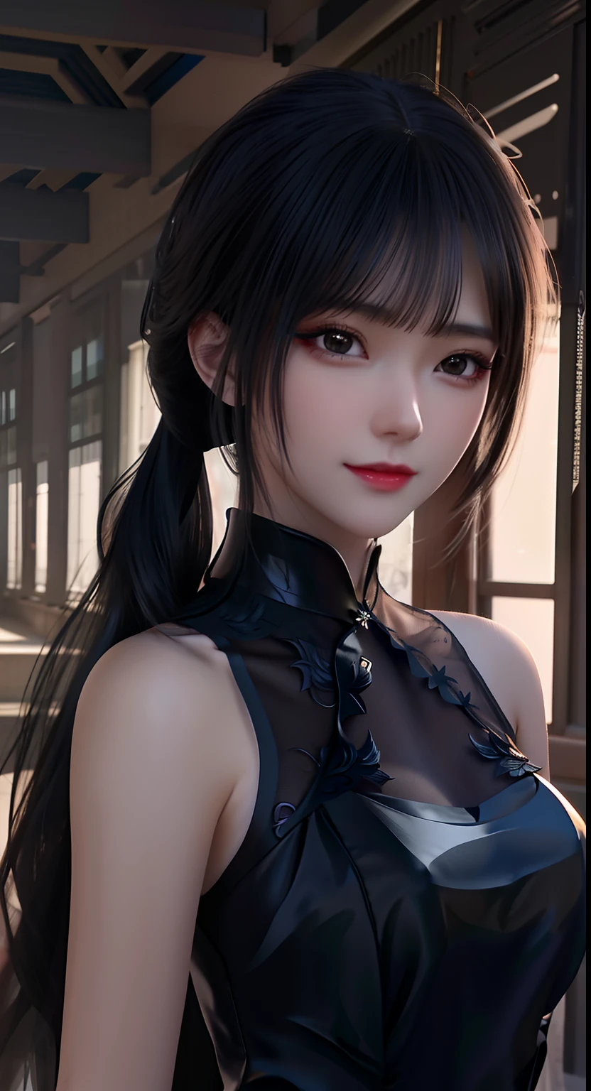 A woman in a black dress stood in the room, Guviz, Guviz-style artwork, trending on cgstation, by Yang J, Chinese girl, trending at cgstation, 🤤 girl portrait, seductive anime girls, alluring tipha lockhart portrait, Anime girl wearing black dress, a beautiful anime portrait, Realistic. Cheng Yi