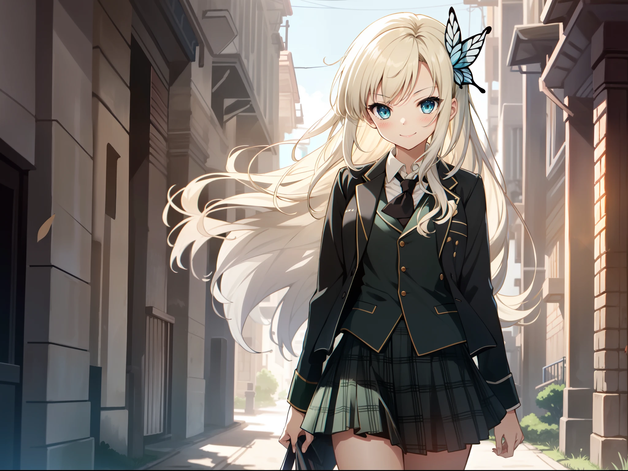 masterpiece, best quality, absurdres, perfect anatomy, 1girl, solo, Sena Kashiwazaki, long hair, butterfly hair ornament, st. chronica academy school uniform, green jacket, plaid skirt, standing, smile