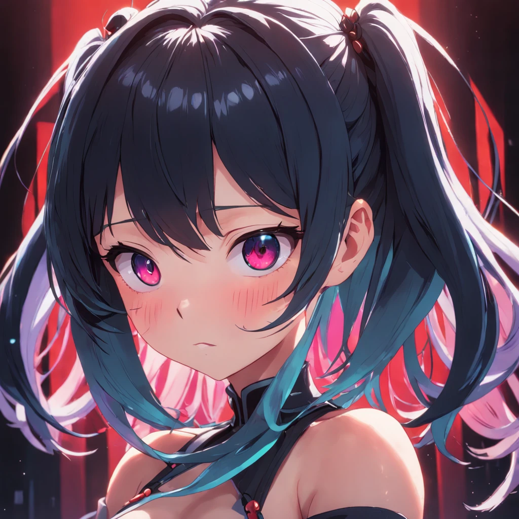 black hair, hair bobbles, wince, longeyelashes, solid circle eyes, ear blush, fang, doubt, In the dark, anime big breast, drop shadow, anaglyph, pov, atmospheric perspective, cinematic lighting, close-up, 8k, super detail, ccurate, best quality