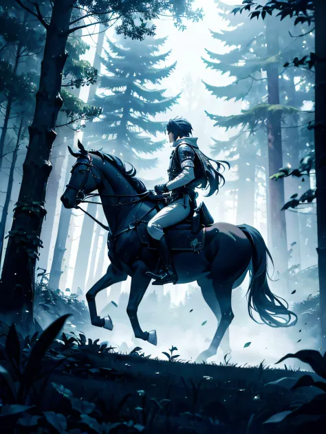 Side profile of knights walking through a forest with one on a horse , as manga comic panel, manga drawing, manga shading, 4k, horror drawing