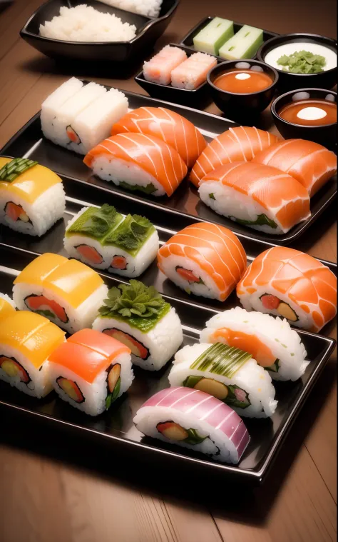 sushi, mouth-watering food photography, ultra-detailed, realistic photography, frequent lighting, studio lighting, sharp focus, best quality (photorealistic: 1.4), raw photo, award-winning photo, realistic texture, dramatic lighting, unrealistic engine, hi...