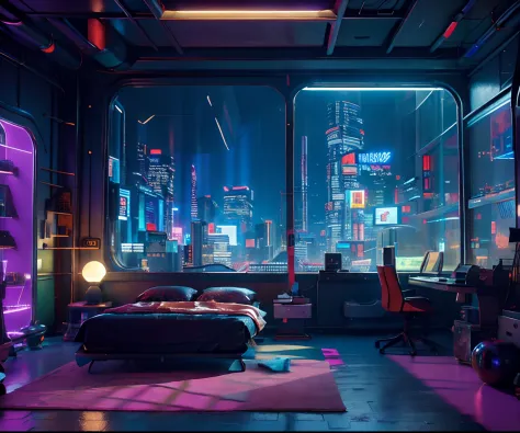 ((masterpiece)), (ultra-detailed), (intricate details), (high resolution CGI artwork 8k), Create an image of a retro futuristic cyberpunk bedroom. One of the walls should feature a big window with a busy, colorful, and detailed cyberpunk cityscape. Futuris...