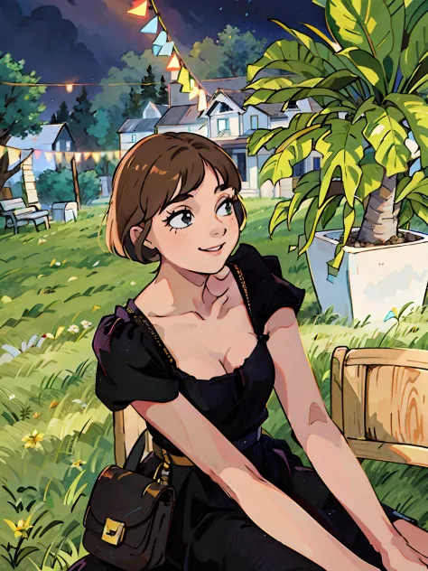 1girl, girl, sitting, bobcut hair, portrait, black dress, on the grassland, smile