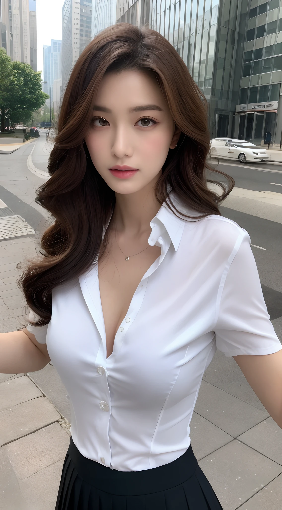 A woman in a white shirt and black skirt posing for a picture - SeaArt AI