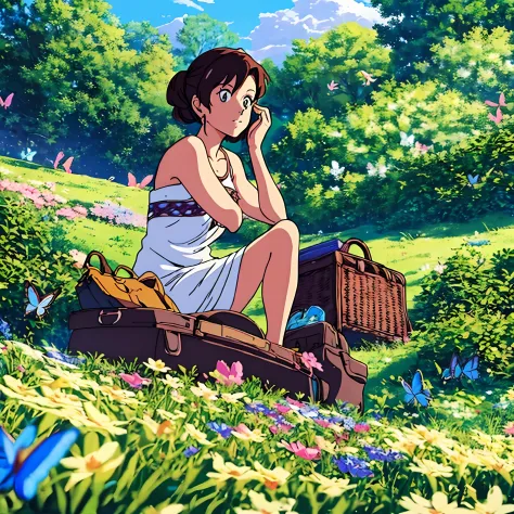 woman, portrait shot, age 30, milf, having a picnic in a picturesque meadow, surrounded by flowers, butterflies, and the gentle company of woodland creatures.