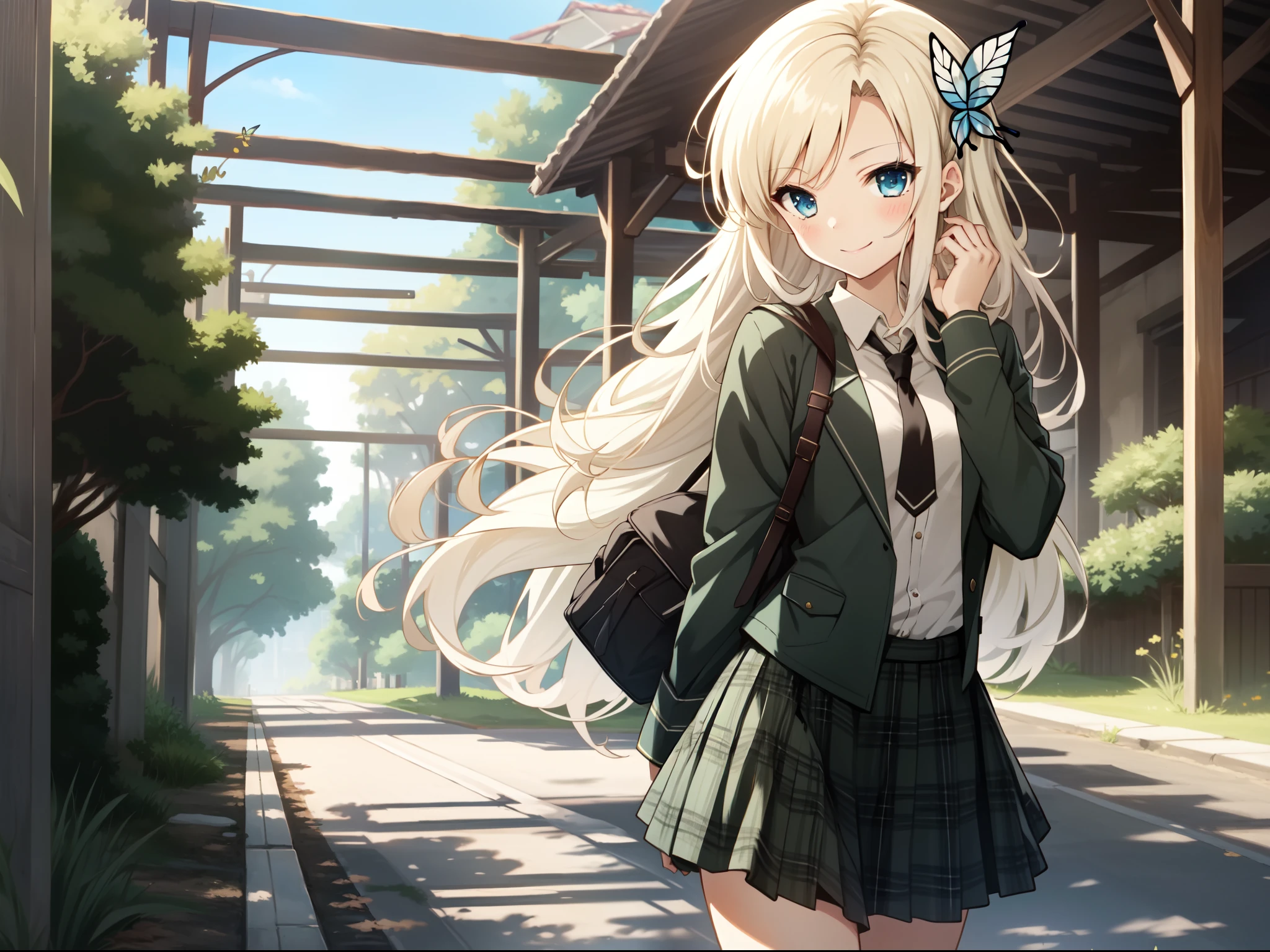 masterpiece, best quality, absurdres, perfect anatomy, 1girl, solo, Sena Kashiwazaki, long hair, butterfly hair ornament, st. chronica academy school uniform, green jacket, plaid skirt, standing, smile