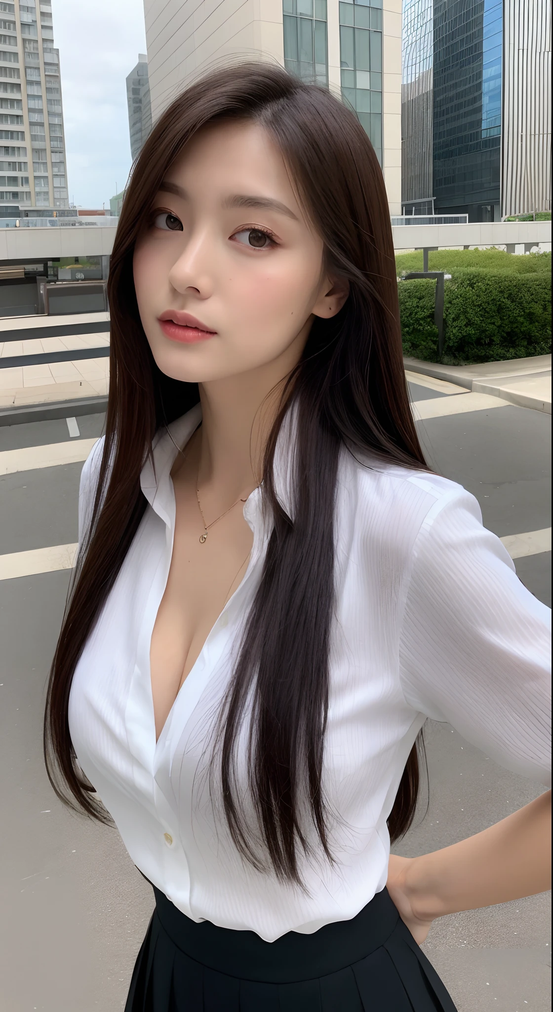 A woman in a white shirt and black skirt posing for a picture - SeaArt AI