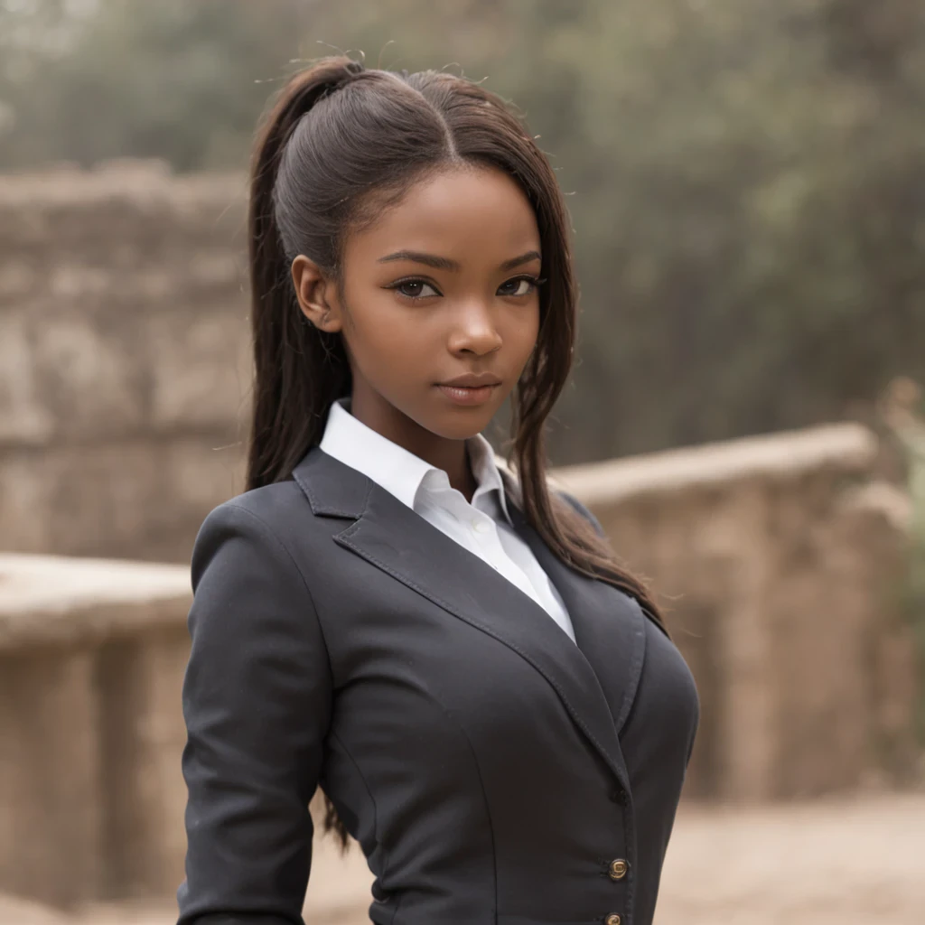 best quality, high detail, (detailed face), detailed eyes,((best quality, masterpiece)), ((2 caramel skinned African girl)), school uniform, large butt, (arms at side:1.2), groin,big hip bones, ponytail, black hair, (((underboob))), standing, outdoors, looking at viewer,