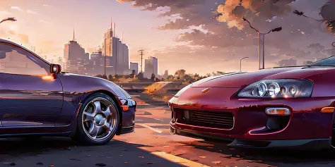 a close up of two cars on a city street with a sunset in the background, 4 k hd wallpaper illustration, background artwork, 4 k ...