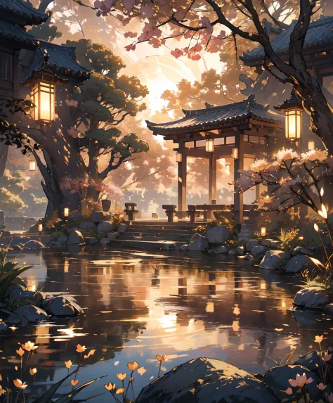 scenery of a ancient japnese house with many lanterns hanging, cherry blossom tree,beautiful pond reflecting the tea house lamps...