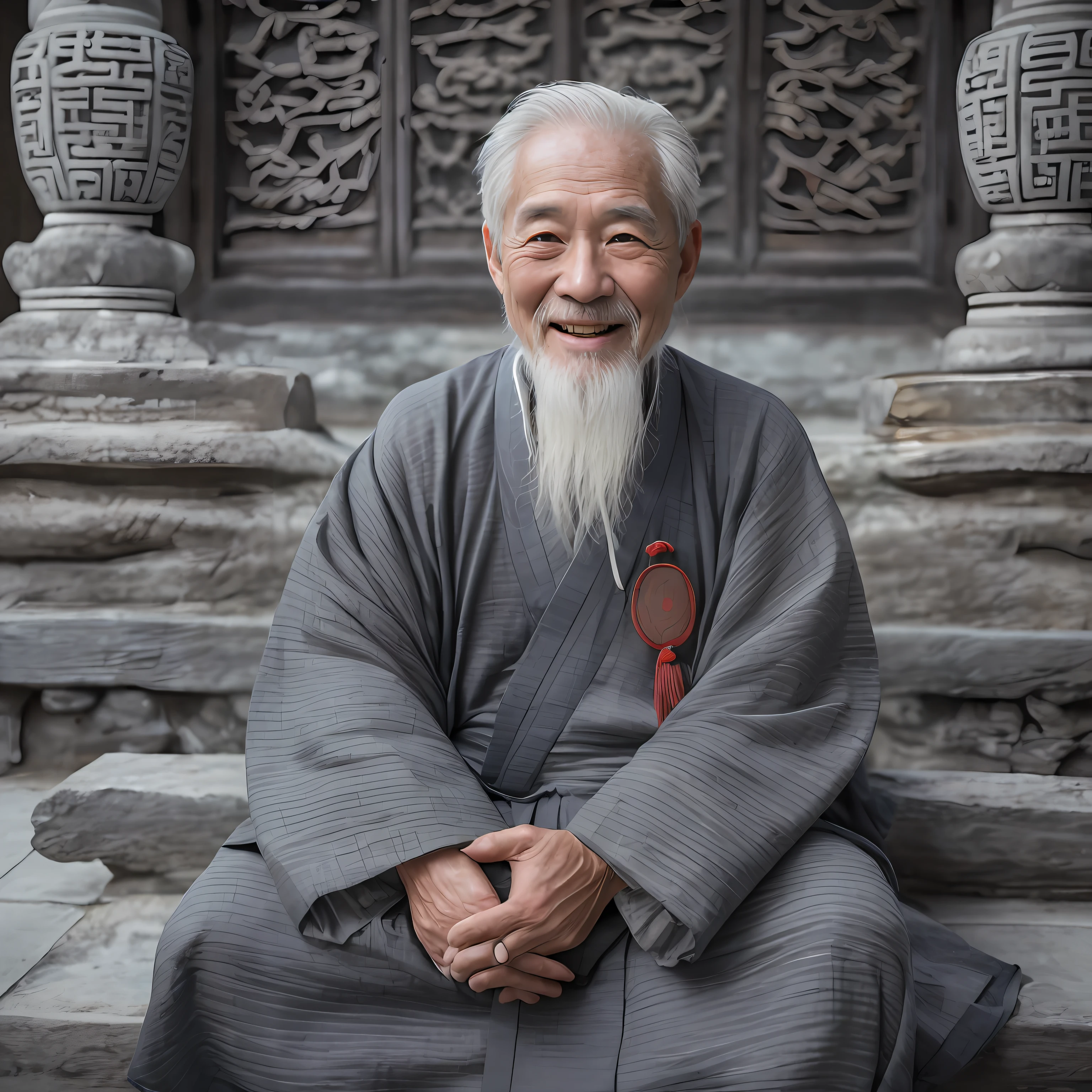 Um velho de cabelos grisalhos, Vestido com roupas chinesas antigas cinza, sorridente, 80 anos,Meio da lente,Barba branca pequena,ancestral,
dentro de casa, Templo Taoísta Chinês, ancestral chinese temple,sentado de pernas cruzadas,ancestral Chinese architecture,
tiro médio, melhor qualidade,fotografado,