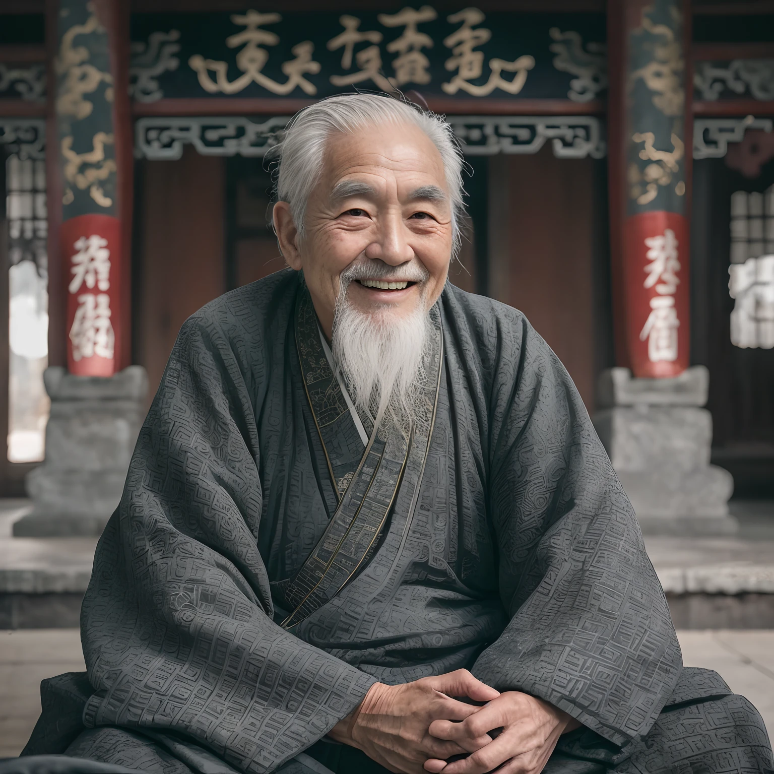 Um velho de cabelos grisalhos, Vestido com roupas chinesas antigas cinza, sorridente, 80 anos,Meio da lente,Barba branca pequena,ancestral,
dentro de casa, Templo Taoísta Chinês, ancestral chinese temple,sentado de pernas cruzadas,ancestral Chinese architecture,
tiro médio, melhor qualidade,fotografado,