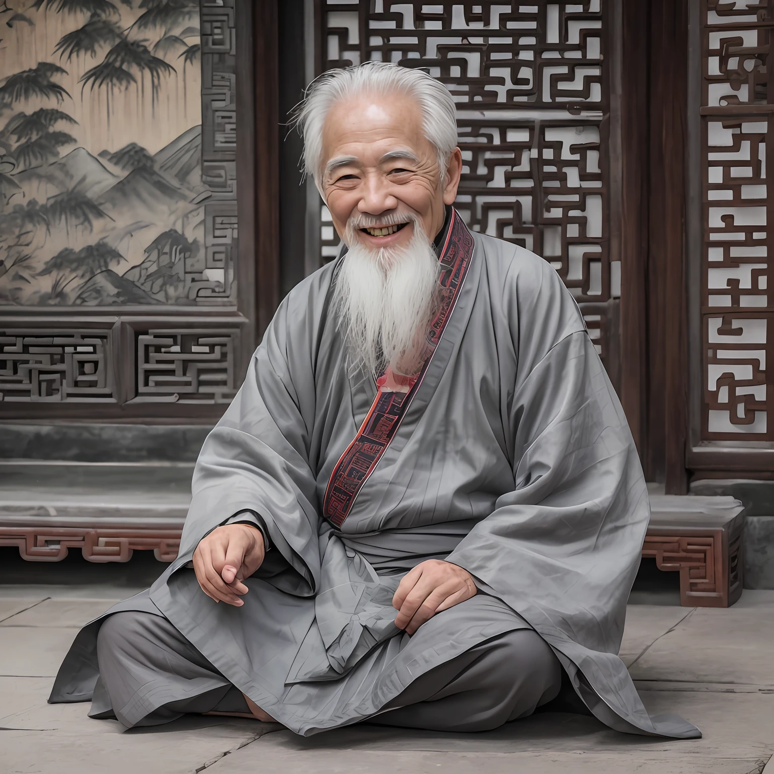 一個白髮蒼蒼的老人, 身著灰色中國古代服飾, 微笑著, 80歲,鏡頭中間,小白鬍子,古老的,
在室內, 中國道觀, 古老的 chinese temple,盤腿而坐,古老的 Chinese architecture,
中景, 最好的品質,拍到的,