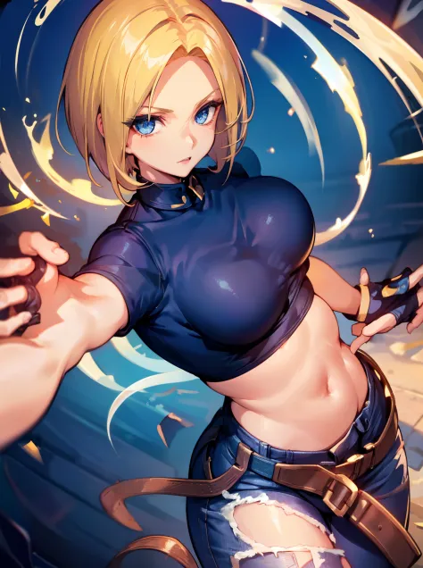 android 18,  blue eyes, blonde hair, short hair, denim jacket, black shirt, large breasts