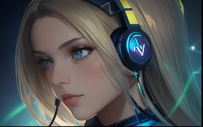 close up of a woman wearing headphones and luminous background, orianna, artgerm detailed, extremely detailed artgerm, art germ....