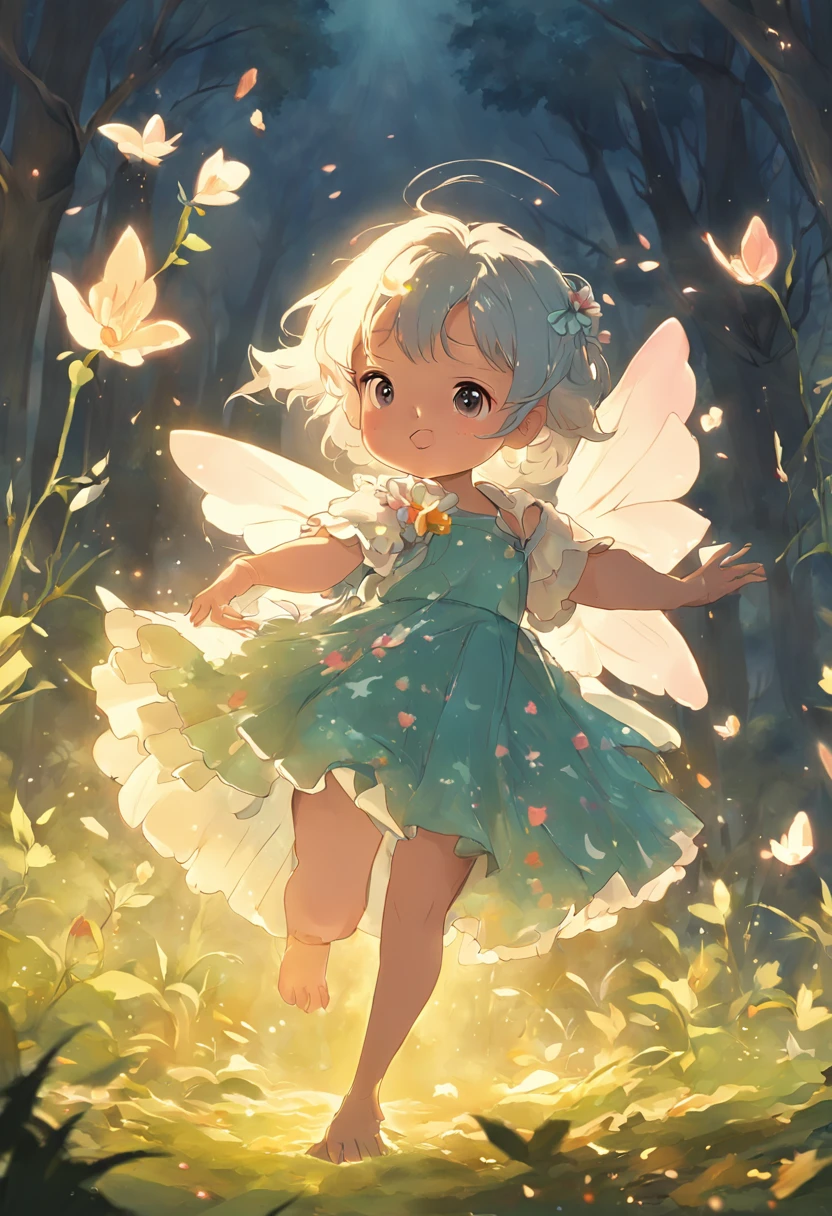 ln the forest，night moon，Mini cute 3 year old flower fairy, Chubby toot，Skirt made of petals，fresh flowers，Colorful colorful，Transparent colorful wings, Magic wand，closeup cleavage，Light attenuation，Glow effects，depth of fields，high light，Real light，Ray traching，oc rendered，Hyper-realistic，best qualtiy，8K，Works of masters，super-fine，Detailed pubic hair，Correct anatomy，sharp focus on eyes，Bokeh，Facial features are carefully depicted，in style of hayao miyazaki，Miyazaki animation style