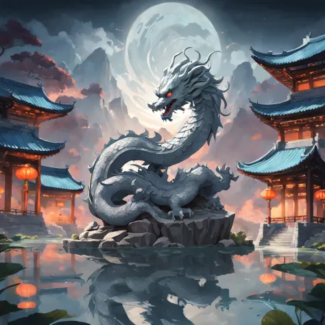 Best quality, masterpiece, anime style，A gray granite statue in the shape of a Chinese dragon，granite，Chinese dragon，Below is a pond，lotus，lotus leaf