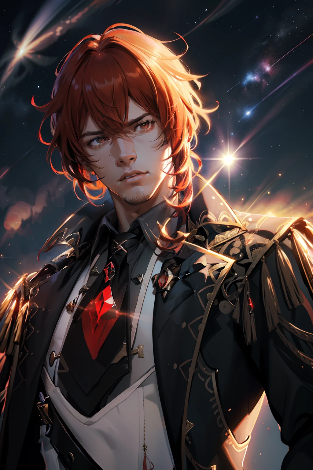 1 male solo, mature, handsome, tall muscular guy, broad shoulders, diluc (genshin impact), red hair, brown coat, brown pants, black tie with red crystal, dynamic pose, dramatic light, cinematic shot, on a field of flowers at night. night sky and stars, glowing flowers, ((bright comets flying in the sky)), close up portrait, sad face