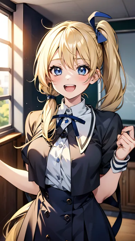 solo, (((anime girl with long blonde hair))), ((small side ponytail tied with blue ribbon)), (blue eyes), ((happy expression)), ...