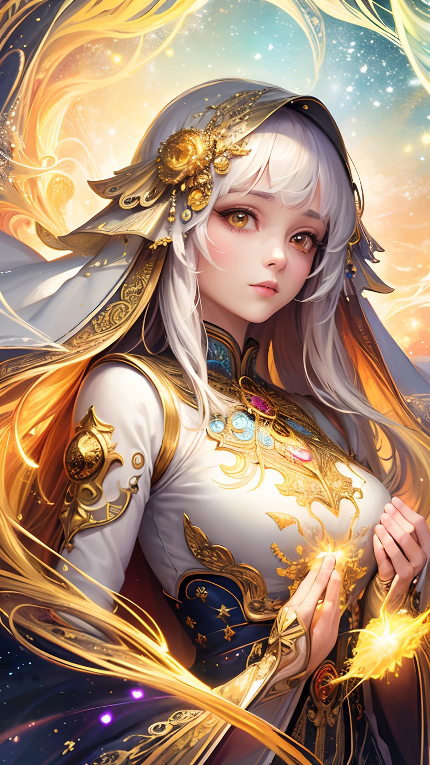 (masterpiece, top quality, best quality, official art, beautiful and aesthetic:1.2), (1girl), extreme detailed, (fractal art:1.3), colorful, highest detailed, perfect face, upper body, HDR, (praying:1.3), (white cloak golden lines:1.2), galaxy, (light streaks), striking visuals, (dynamic streaks, luminous trails:1.2), vibrant colors,