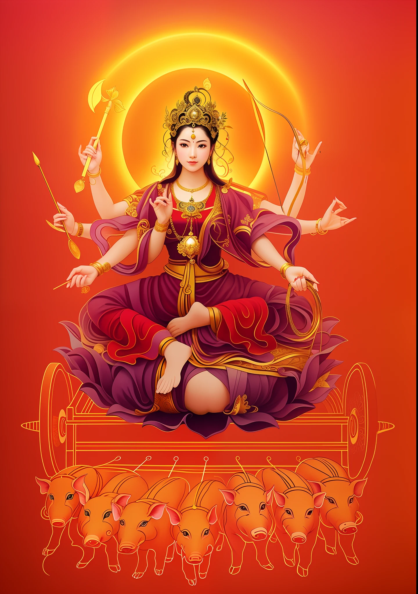 Красивая женщина сидит на лотосе в машине, трехголовые，Итого, На руке  имеется восемь мудр.，Босиком на обеих ногах，Впереди семь поросят тянут  тележки.，богиня любви и мира, Индийская богиня богатства, Небесный  Бодхисаттва - SeaArt AI