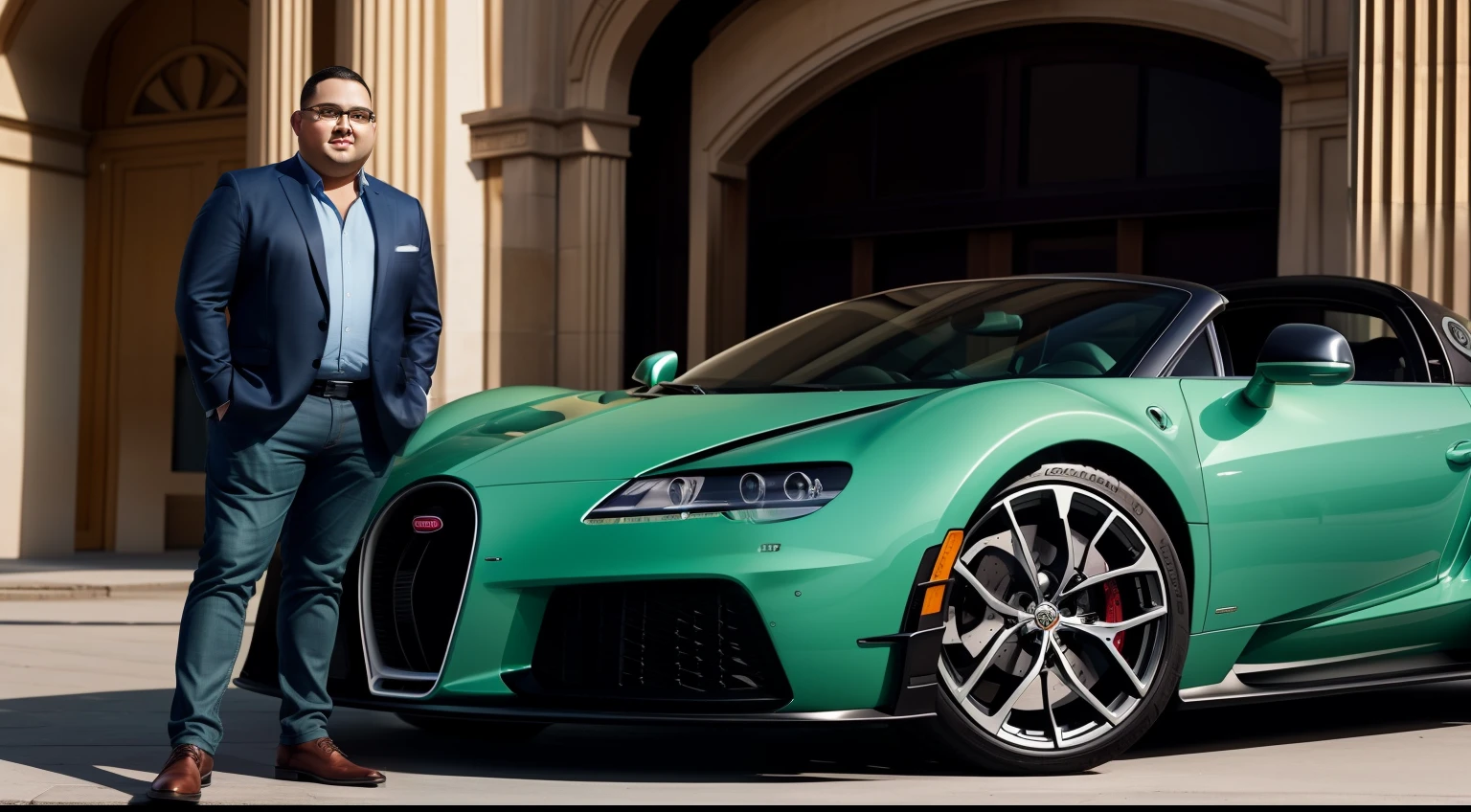 A gorgeous chubby young man stands in front of a luxury green sports car in front of a building, autor：Bernard DeAndrea, The is very detailed, Andrew Tate conduz a Bugatti, autor：Stephen Dressett, Estilo Etienne-Louis Bulli, autor：Juliano Alves, autor：Simon Malmien, autor：Brian Thomas, ao sol, autor：Alison Debenham