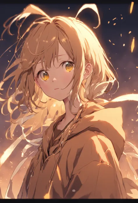 Golden gentle eyes、Girl with shortcut outside，There are braids and ribbons above the ears、Light brown hair、Wear a hoodie over a Y-shirt、Thin ribbon at chest,、schools，The upper part of the body